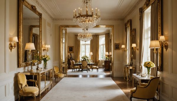Les miroirs dorés agrandissent la pièce avec élégance